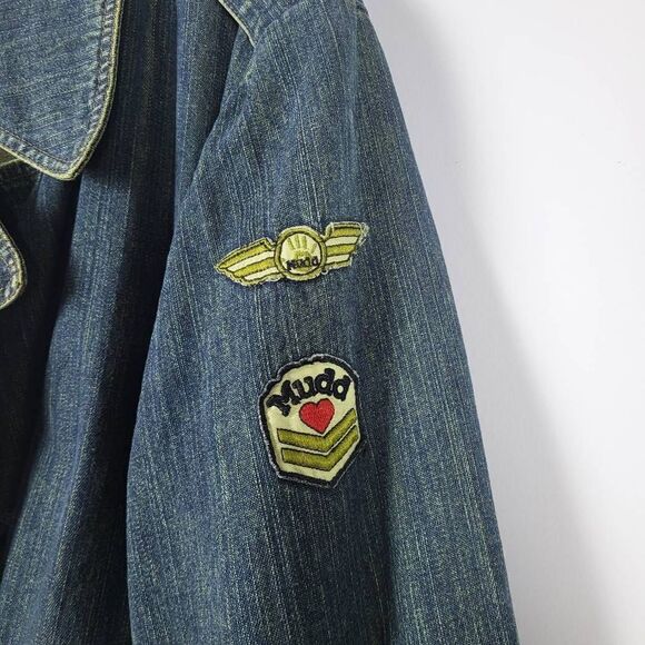 Mudd Jeans Vintage 2000s Womens Large Denim Jacket Blue Belted Waist Patches - Picture 3 of 8